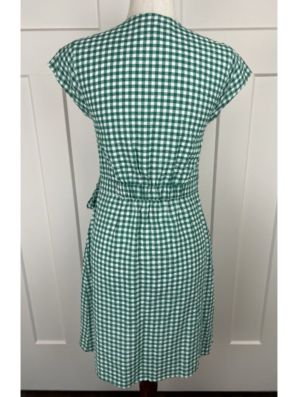 Banana Republic Gingham Wrap Dress Size 4 Green White Cotton Linen Fit Flare - Picture 5 of 11